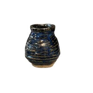 Vintage Handmade Pottery Vase Blue Textured Ridged Small Abstract Sculpture